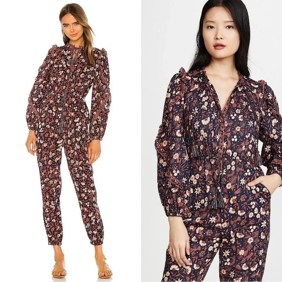 Ulla Johnson Delphine Floral Ruffle Jumpsuit in Navy Blue Multi Color Floral